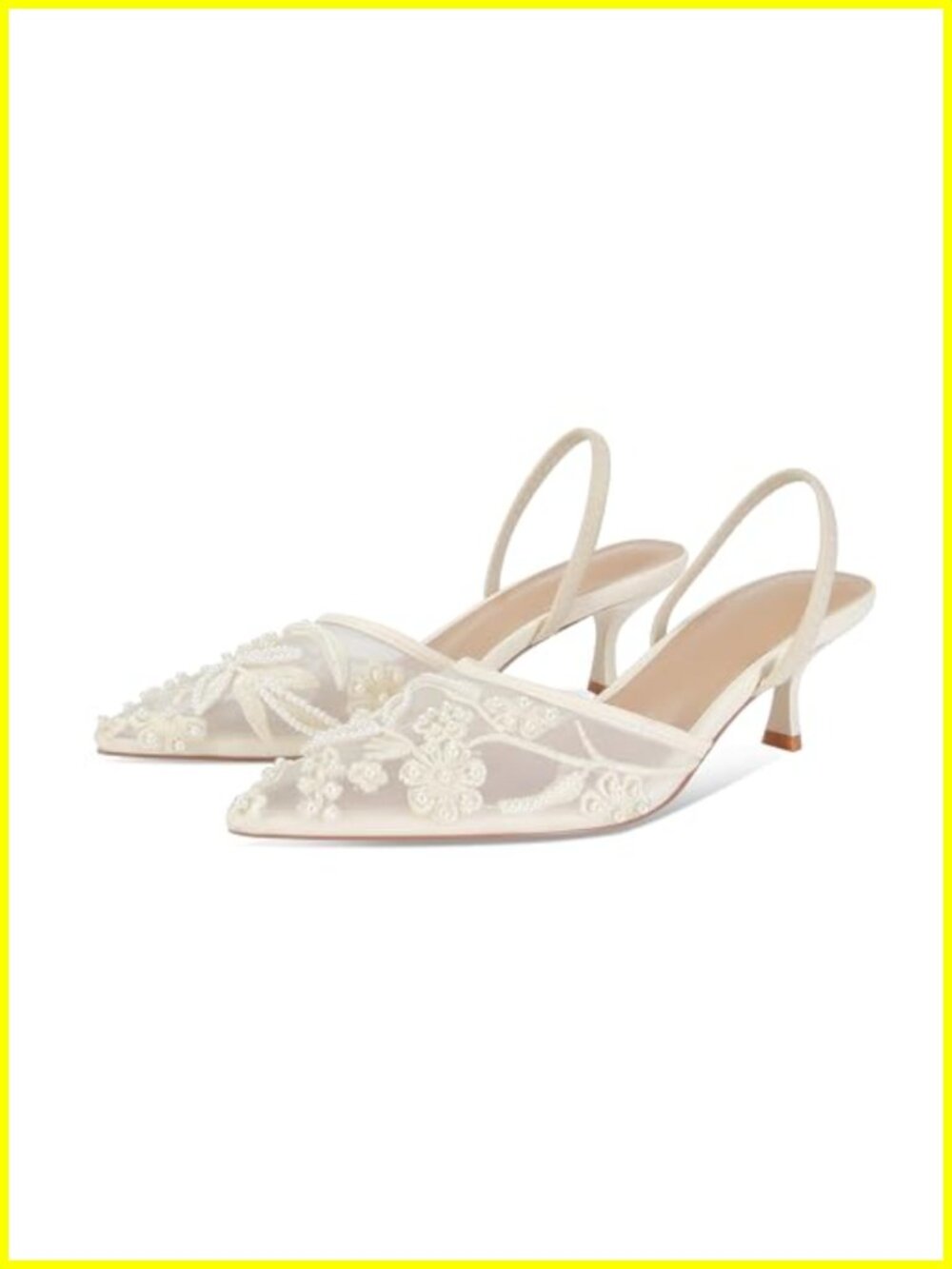 Embroidered Kitten Heels for Women Pointed Toe Mesh Slingback Pearl Heeled